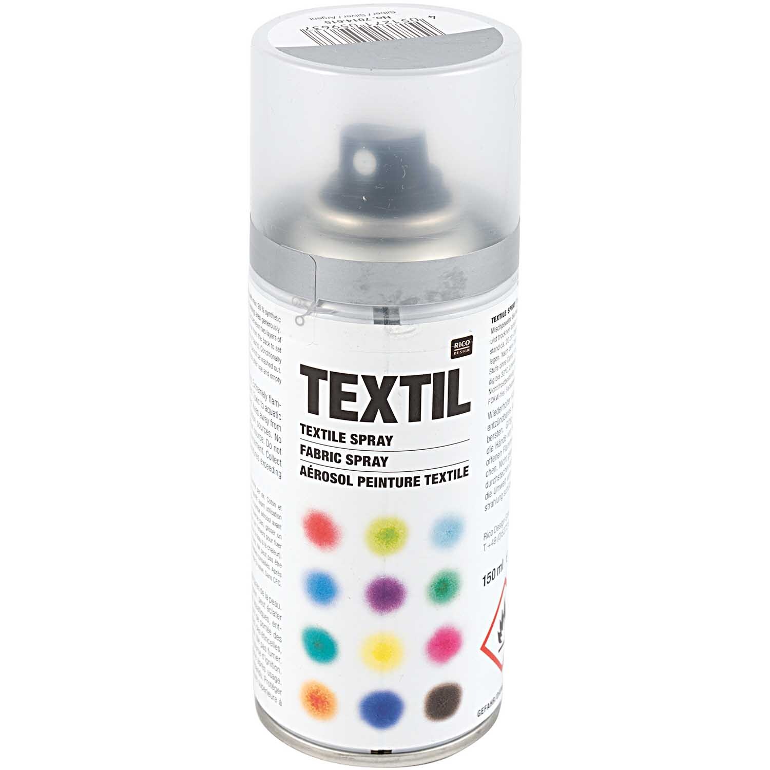 Textil Spray silber von Rico Design, 150ml Dose mit bunten Farbpunkten auf dem Etikett.