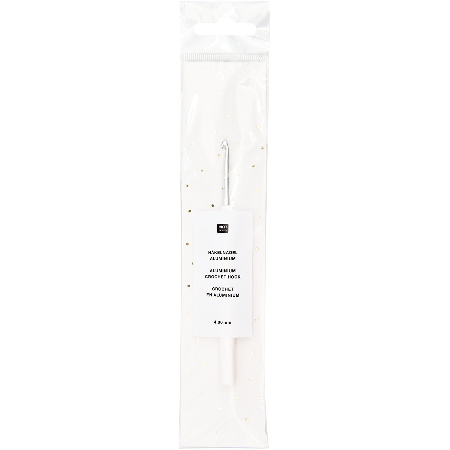 Häkelnadel 15cm von Rico Design in Verpackung, ideal für präzises Häkeln mit Aluminium.