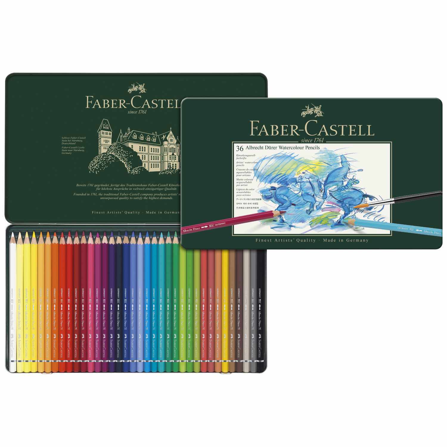 Albrecht Dürer Metalletui mit 36 bunten Stiften von Faber Castell, ideal für Künstler.