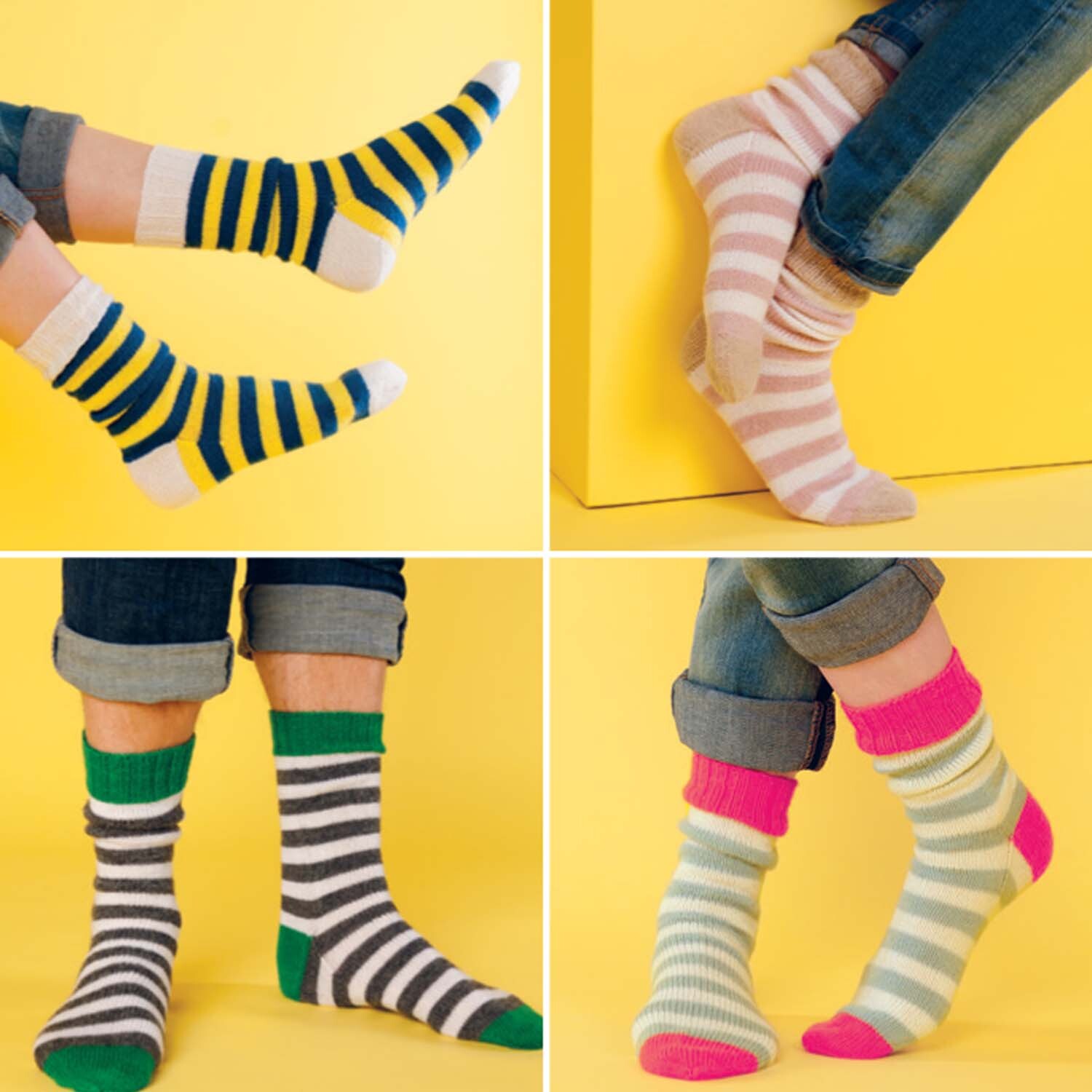 Strickanleitung Ringelsocken: Vier Paar bunte Ringelsocken in verschiedenen Farbkombinationen auf gelbem Hintergrund.