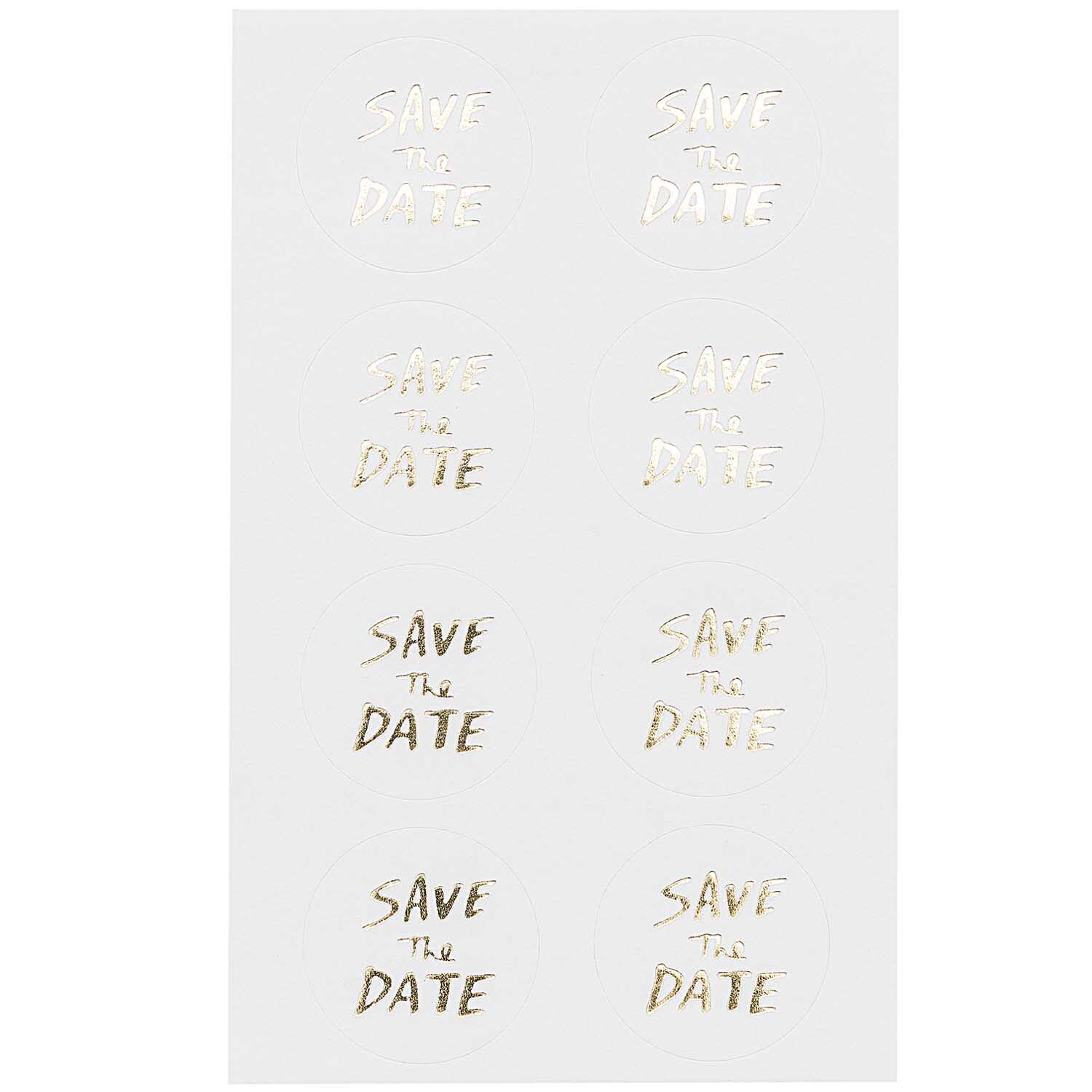 Paper Poetry Sticker Save the Date: Neun goldene Aufkleber mit "Save the Date" auf weißem Hintergrund. Ideal für Einladungen.