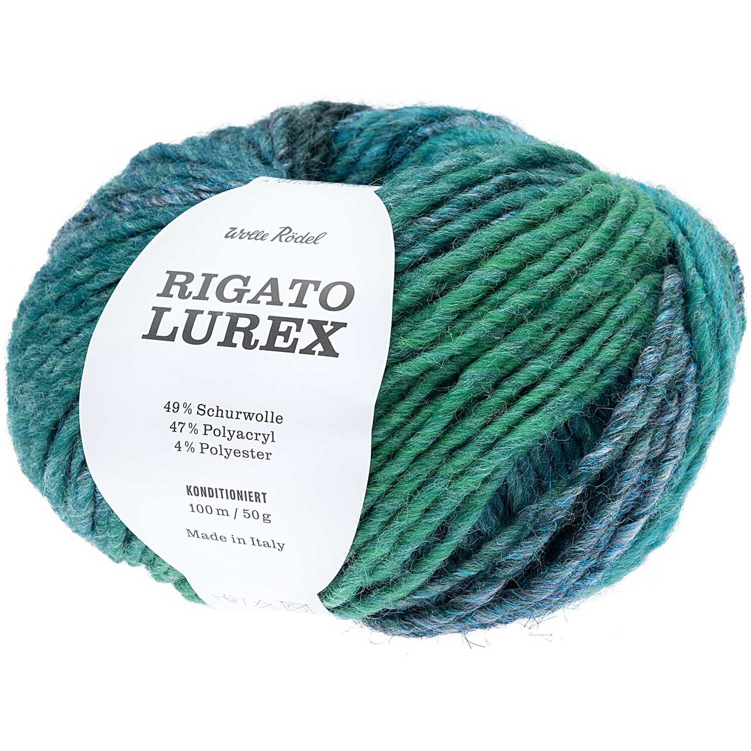 Rigato Lurex: Weiches Garn in Grün von Wolle Rödel, ideal für Strickprojekte, 50g, 100m.