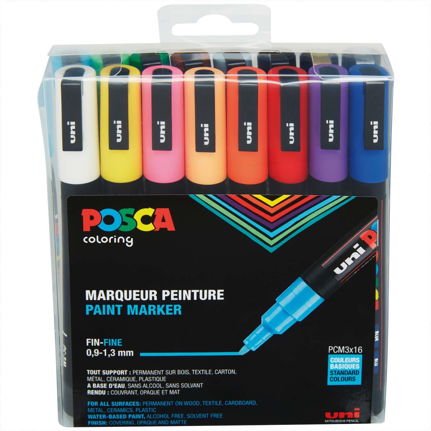 POSCA-Marker PC-3M Set mit 16 Farben in einer transparenten Verpackung, ideal für kreative Projekte.