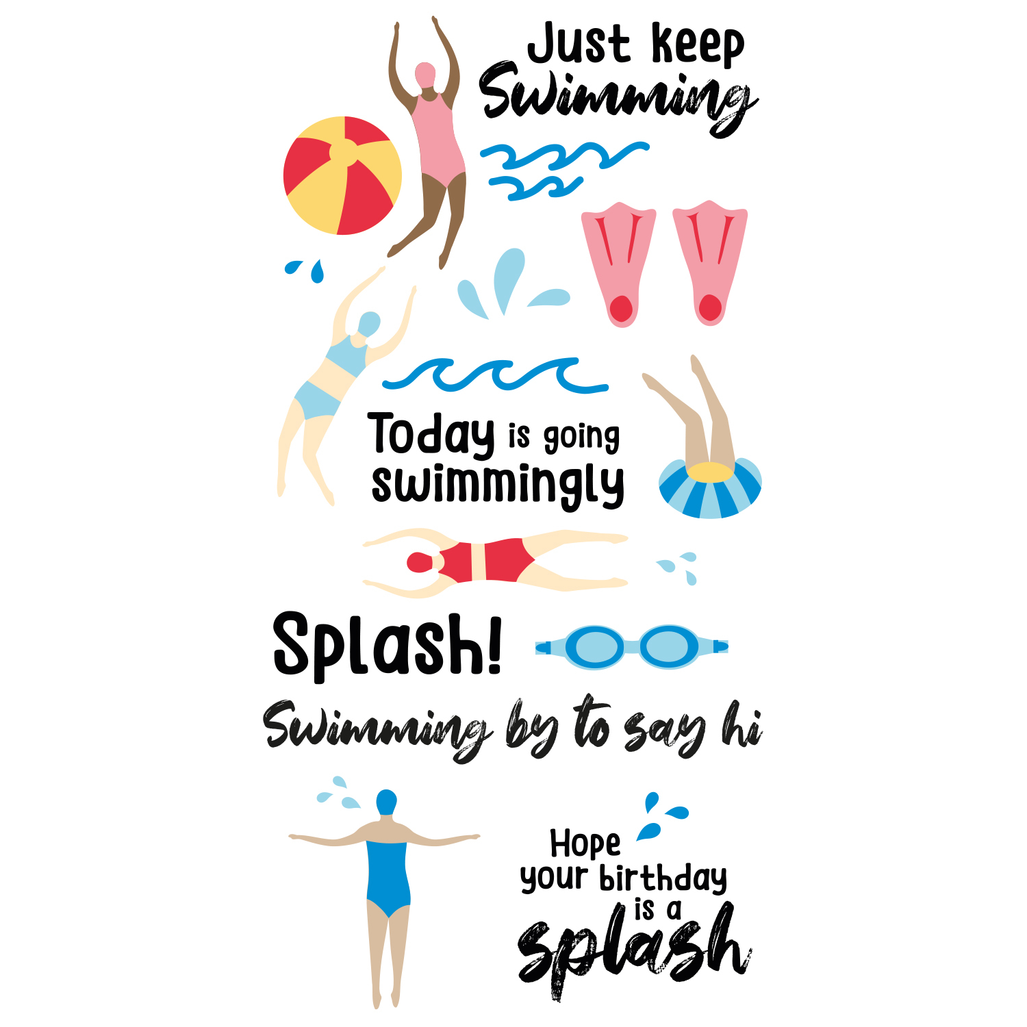 Clear Stamps Set Synchronized Swimmer 29PK mit Schwimmer-Motiven und inspirierenden Sprüchen, ideal für kreative Bastelprojekte.
