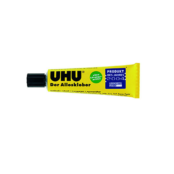 Alleskleber ohne Lösungsmittel 35g: Gelbe UHU-Klebertube mit schwarzem Deckel und Auszeichnung "Produkt des Jahres 2004".