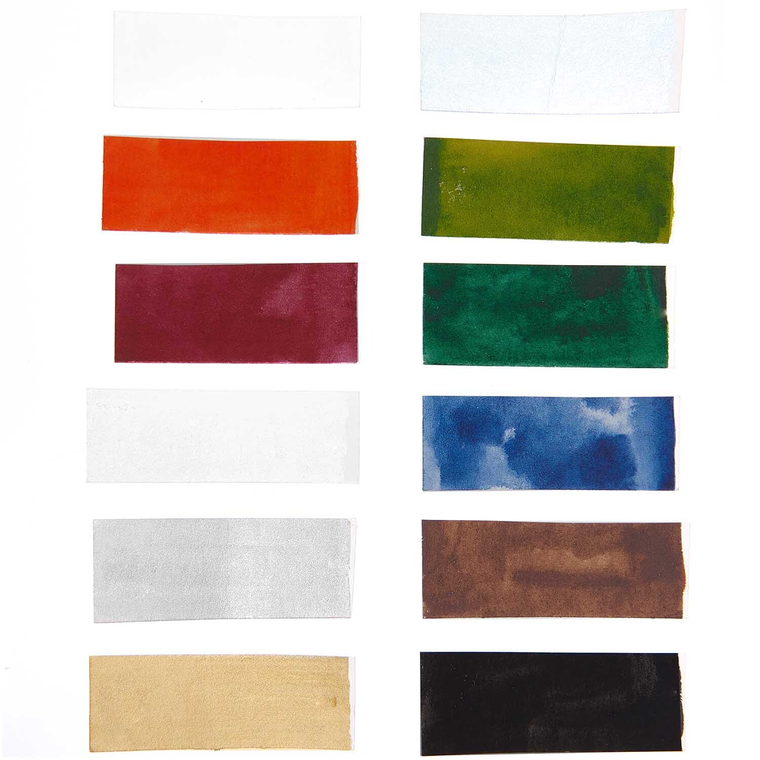 ART Essential Aquarellfarben Icy Colours zeigt 12 leuchtende Farbtöne von Rico Design in rechteckigen Proben.