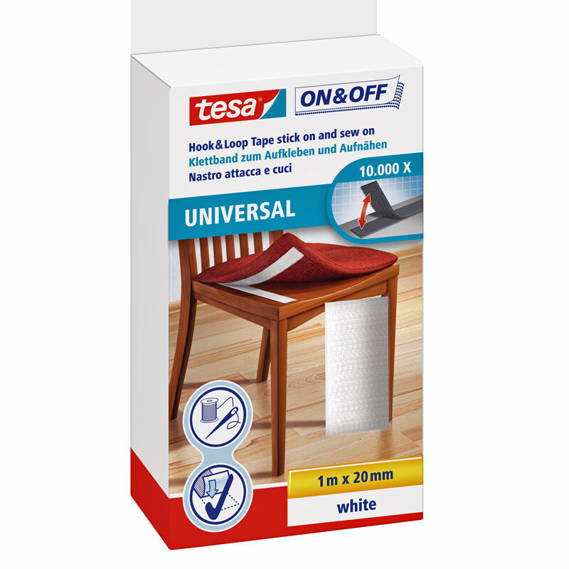 On & Off Klettband von tesa, 1m, Weiß, auf einer Verpackung mit einem Stuhl und Klettbandabbildung.