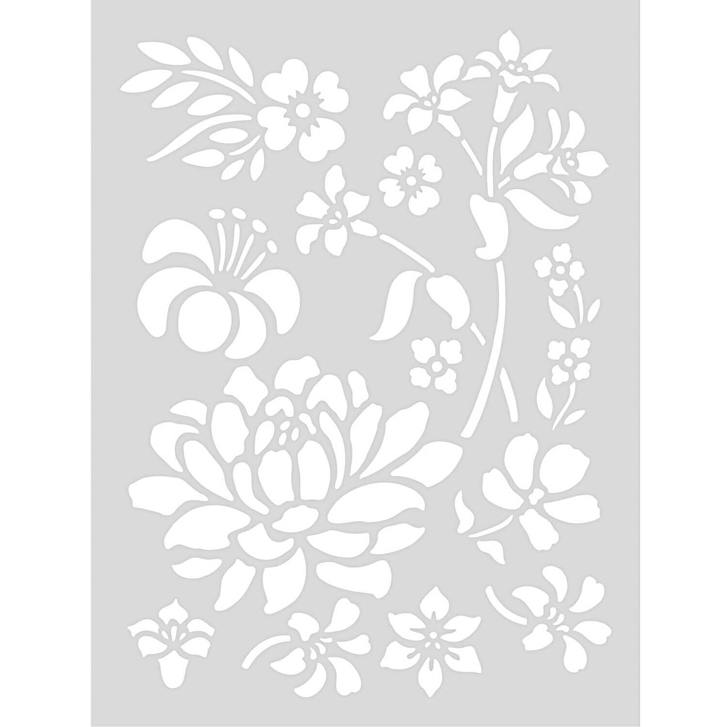 Schablone Blume 18,5x24,5cm selbstklebend zeigt florale Muster auf grauem Hintergrund, ideal für kreative Projekte.