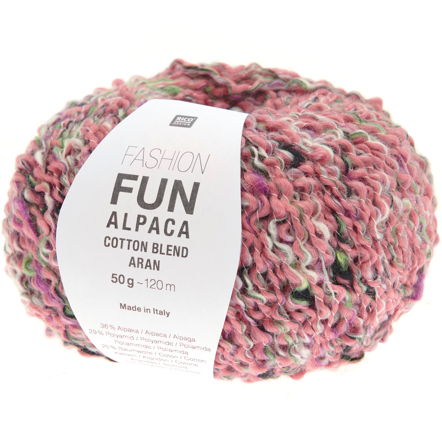 Rico Design Fun Alpaka Cotton Blend aran Wolle in Beere, ideal für Stricksets. Weiche Textur, 50g Knäuel mit 120m Länge.