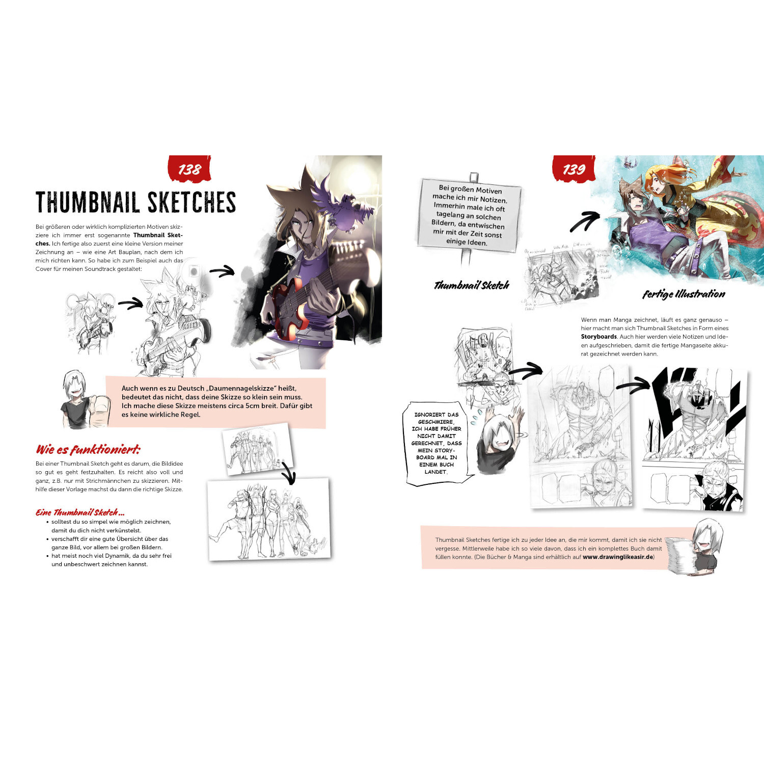 Manga -Zeichnen like a Sir: Doppelseite mit Skizzen und Illustrationen, zeigt kreative Prozesse.