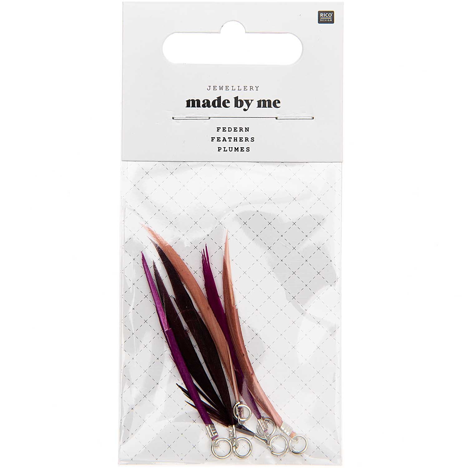 Federn mit Öse 6 Stück in verschiedenen Farben, ideal für Schmuckdesign, von Rico Design.
