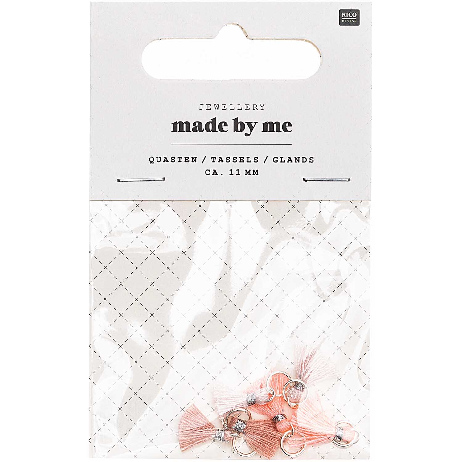 Mini-Quasten mit Öse 1,1cm 6 Stück von Rico Design in Puder, verpackt in einer transparenten Tüte. Ideal für Schmuckherstellung.