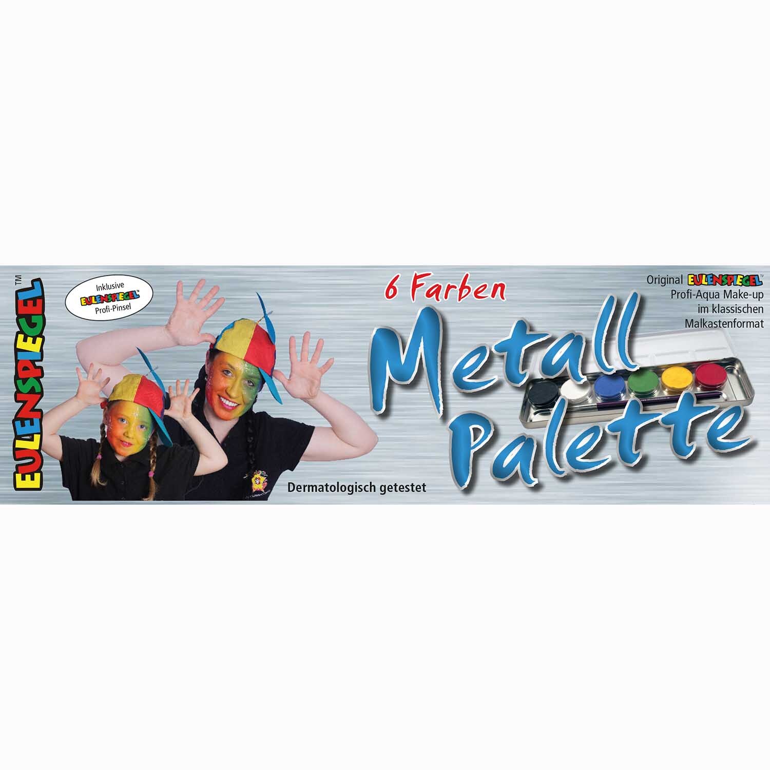 Schminkfarben 6er Set: Zwei Kinder mit bunten Gesichtern, die Eulenspiegel Schminkfarben tragen.