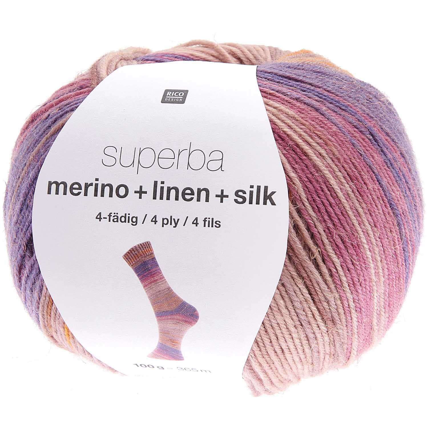 Superba Merino + Linen + Silk 4fädig Garn in sanften Pastelltönen, ideal für Ethno-Designs.