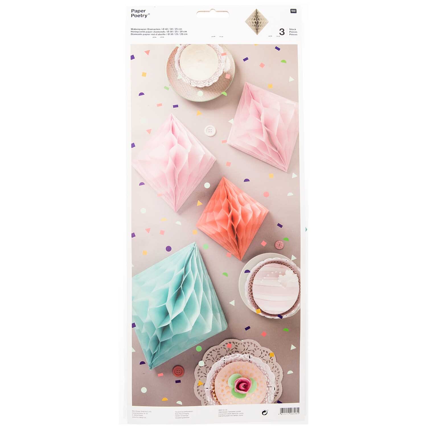Wabenpapier Diamanten pastell 3 Stück von Rico Design in Mint, Lachs und Rosa auf einem Tisch mit Partydekoration.