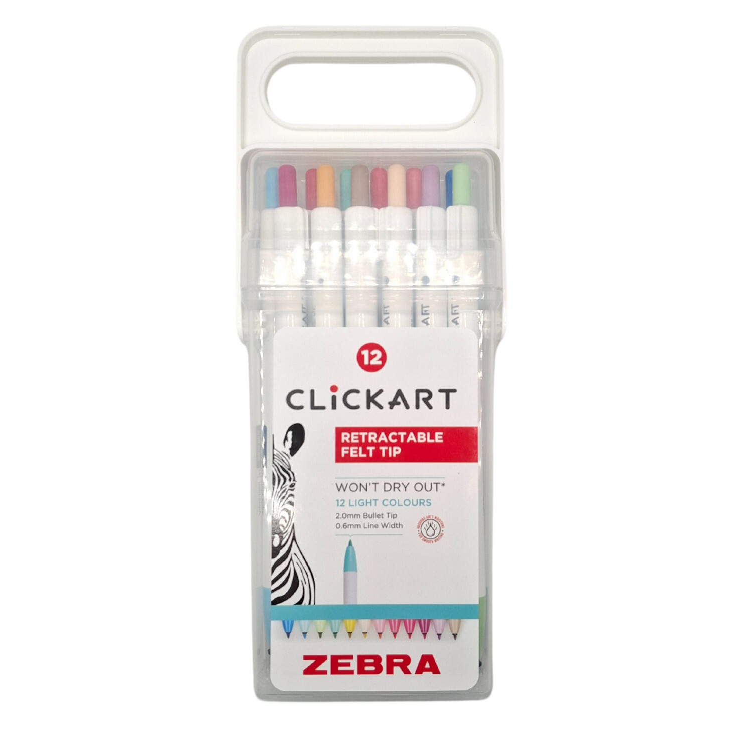 Clickart Light Colours Set, 12-teilig, ZEBRA Filzstifte in Pastellfarben, verpackt in einer transparenten Box mit Griff.