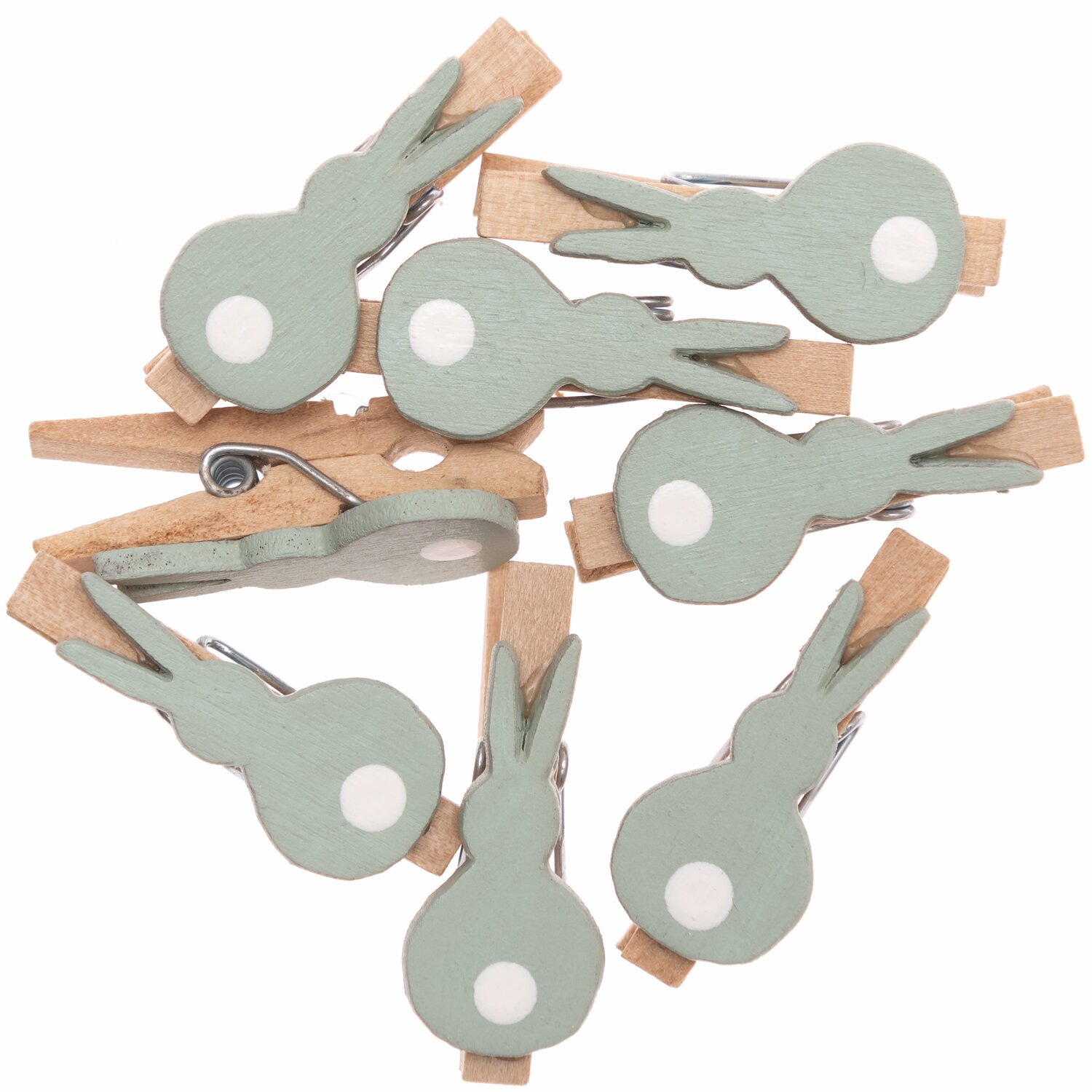 Dekoklammern Hase klein 8 Stück in Mint von Rico Design. Holzklammern mit Hasenmotiv und weißen Punkten. Ideal für kreative Dekorationen.