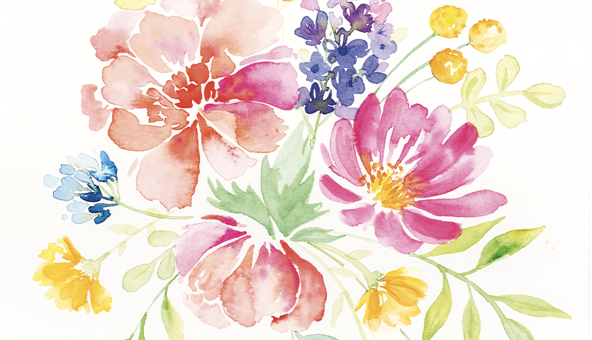Anleitung Floral Watercoloring: Bunte Blumen in Aquarelltechnik, zarte Rosa-, Gelb- und Lilatöne.