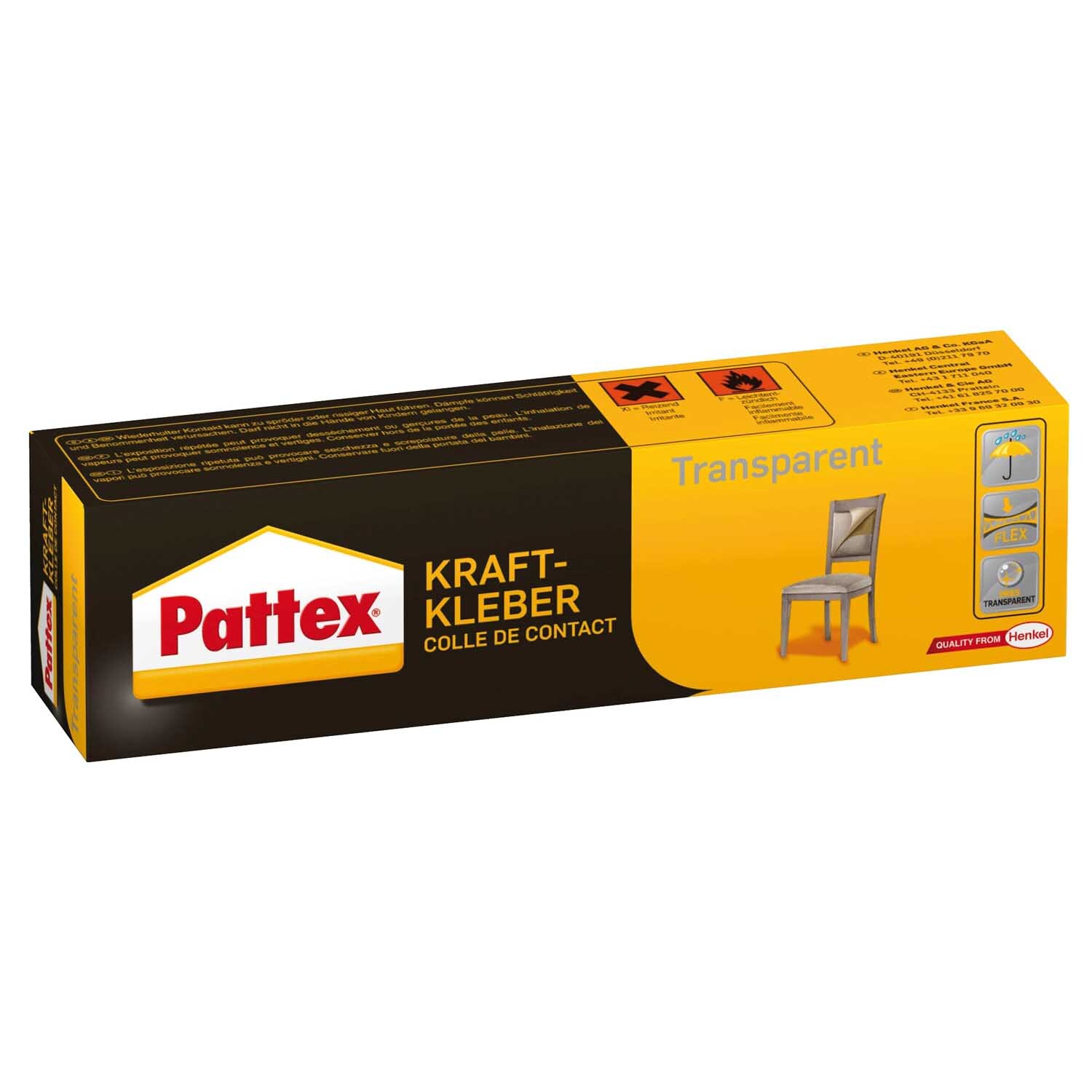 Kraftkleber transparent 50g von Pattex in gelber Verpackung mit Stuhlbild und Anwendungshinweisen.