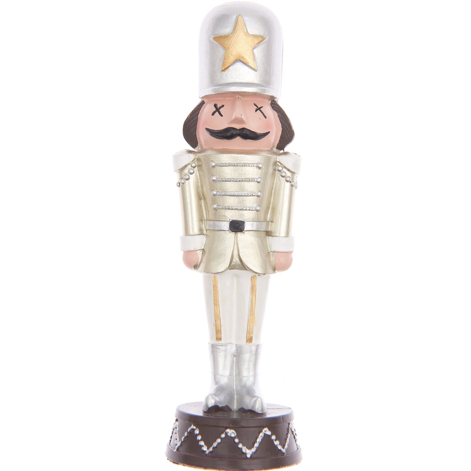 Polyresin Figur Nussknacker 17cm in Gold mit Stern auf dem Helm, von Rico Design, auf dekorativem Sockel.