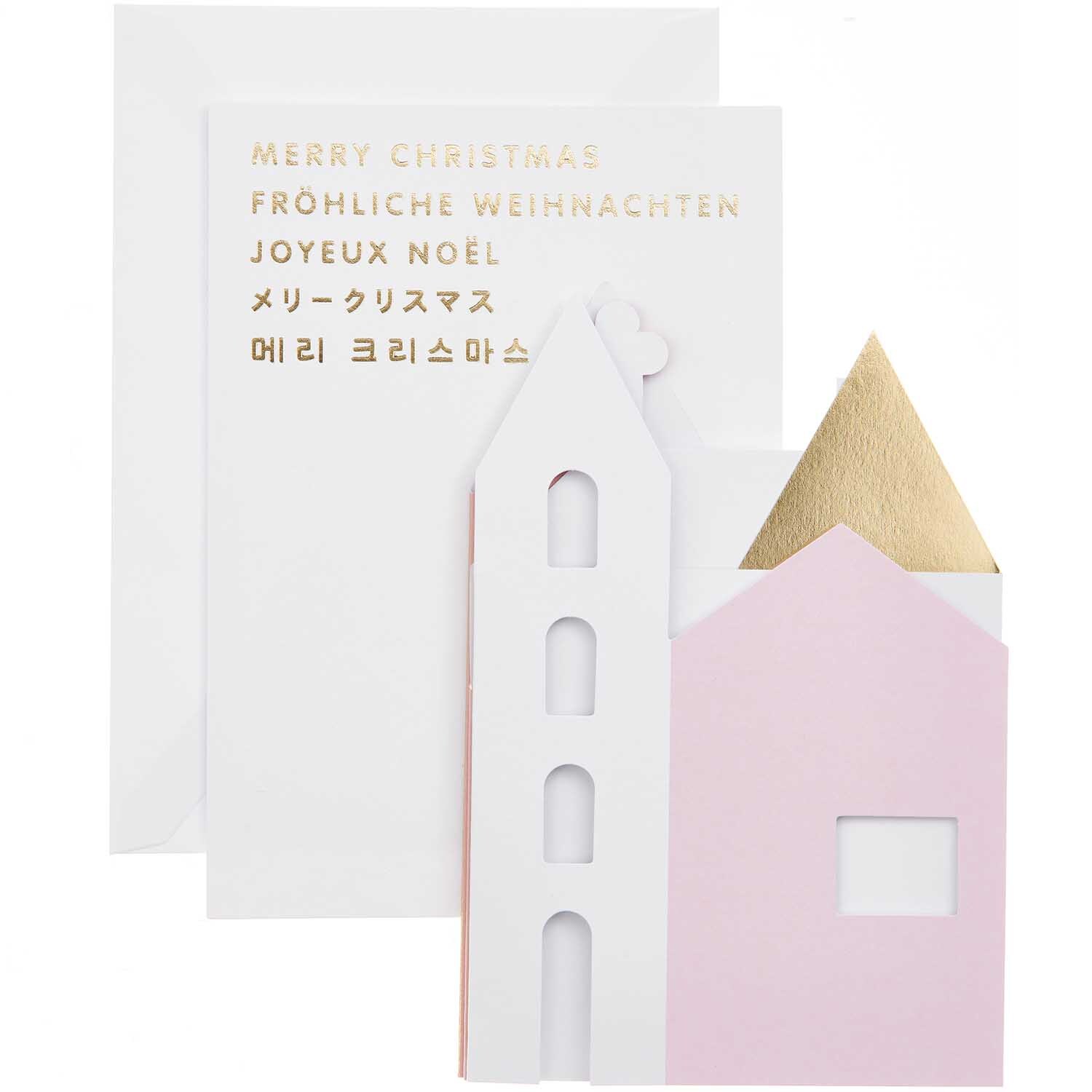 Paper Poetry Zickzack-Karte Häuser 66x16,5cm mit pastellfarbenen Häusern und goldenen Akzenten, ideal für festliche Grüße.