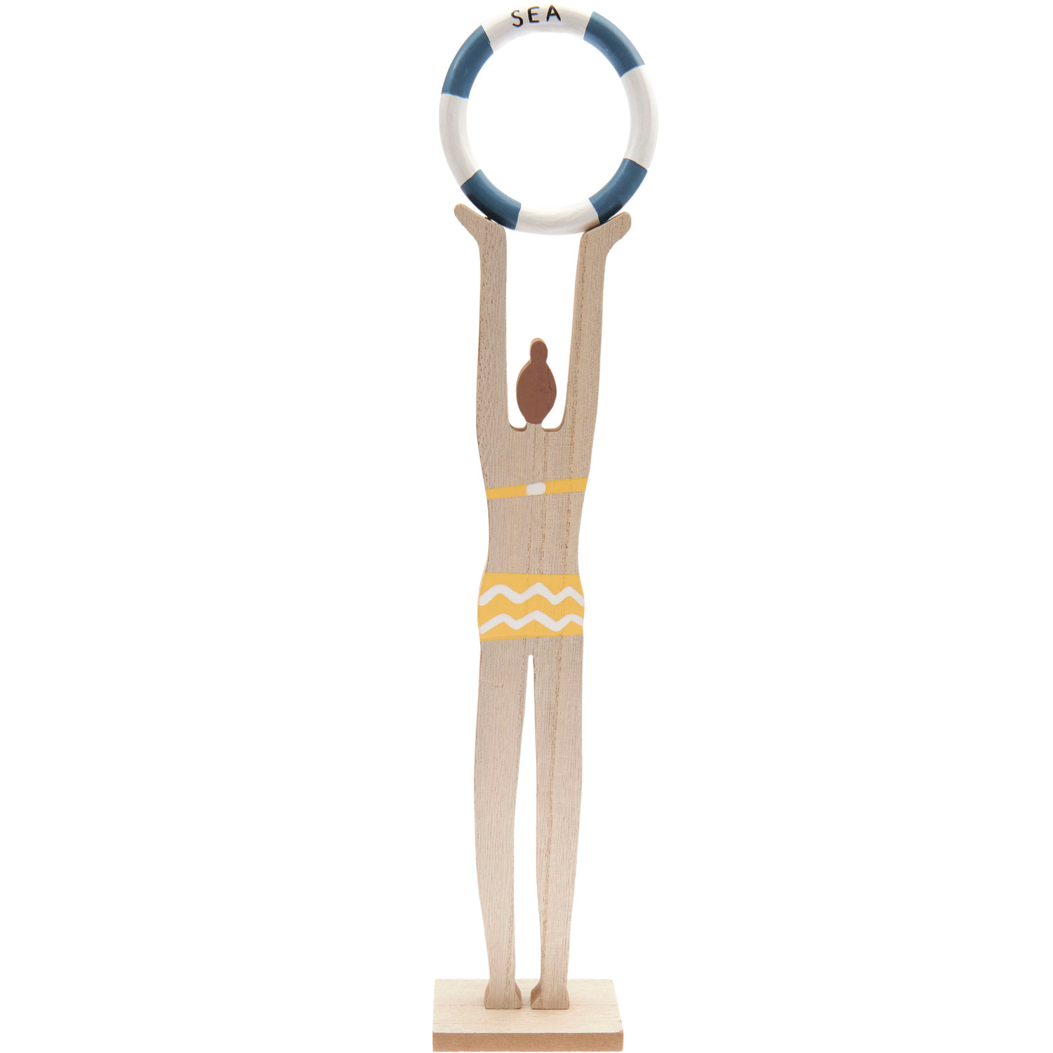 Holzaufsteller Urlauberin: Figur aus Holz in Badeanzug, hält Rettungsring, 40x4,4cm, von Rico Design.