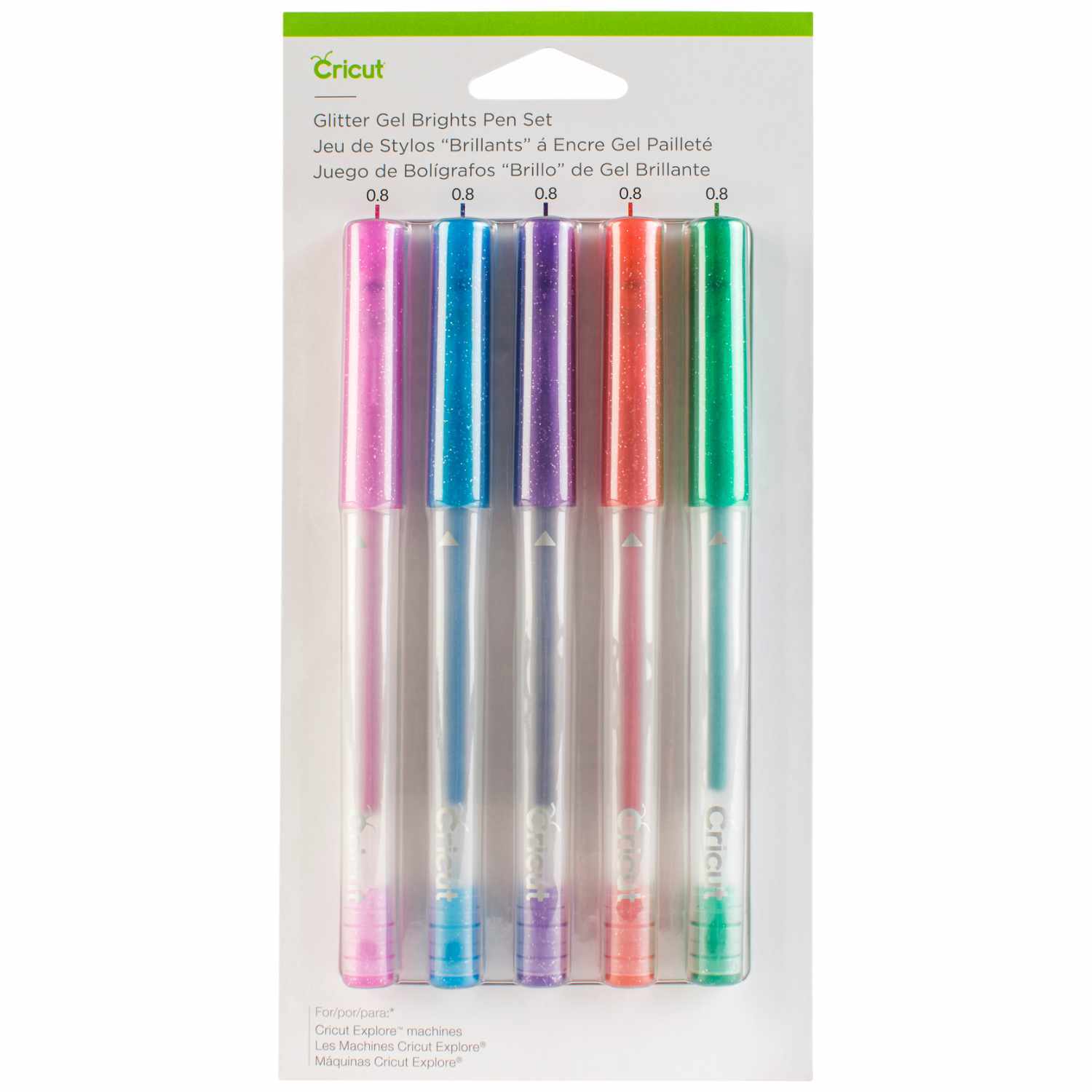 Glitter Gel Stifteset 0,8mm 5 Stück mit bunten Kappen in einer transparenten Verpackung von Cricut. Ideal für kreative Projekte.