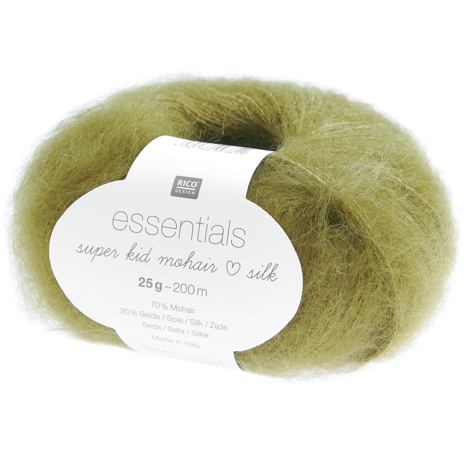 Essentials Super Kid Mohair Loves Silk: Weiches, olivgrünes Garn von Rico Design, ideal für luxuriöse Strickprojekte.