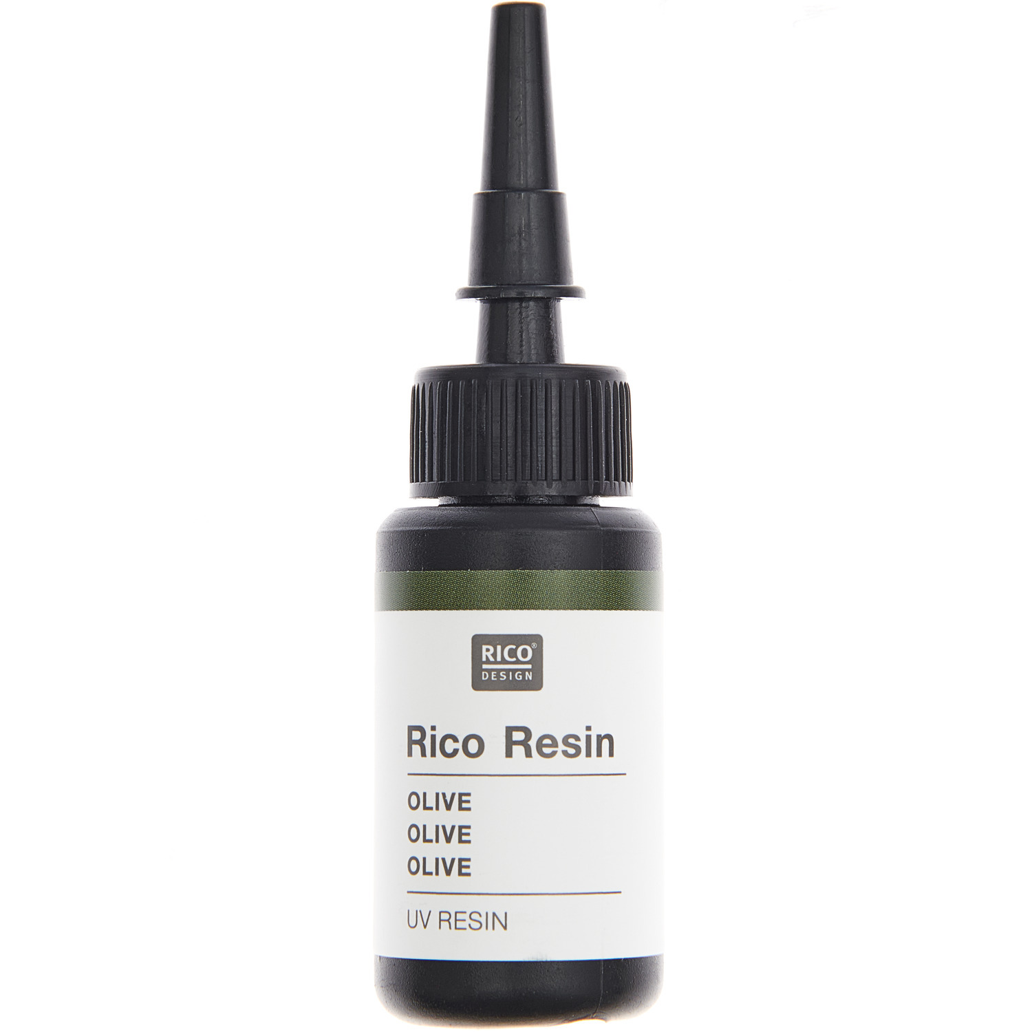 Rico Resin UV Resin in Olivgrün, 10ml Flasche mit feiner Dosierspitze für präzises Arbeiten.