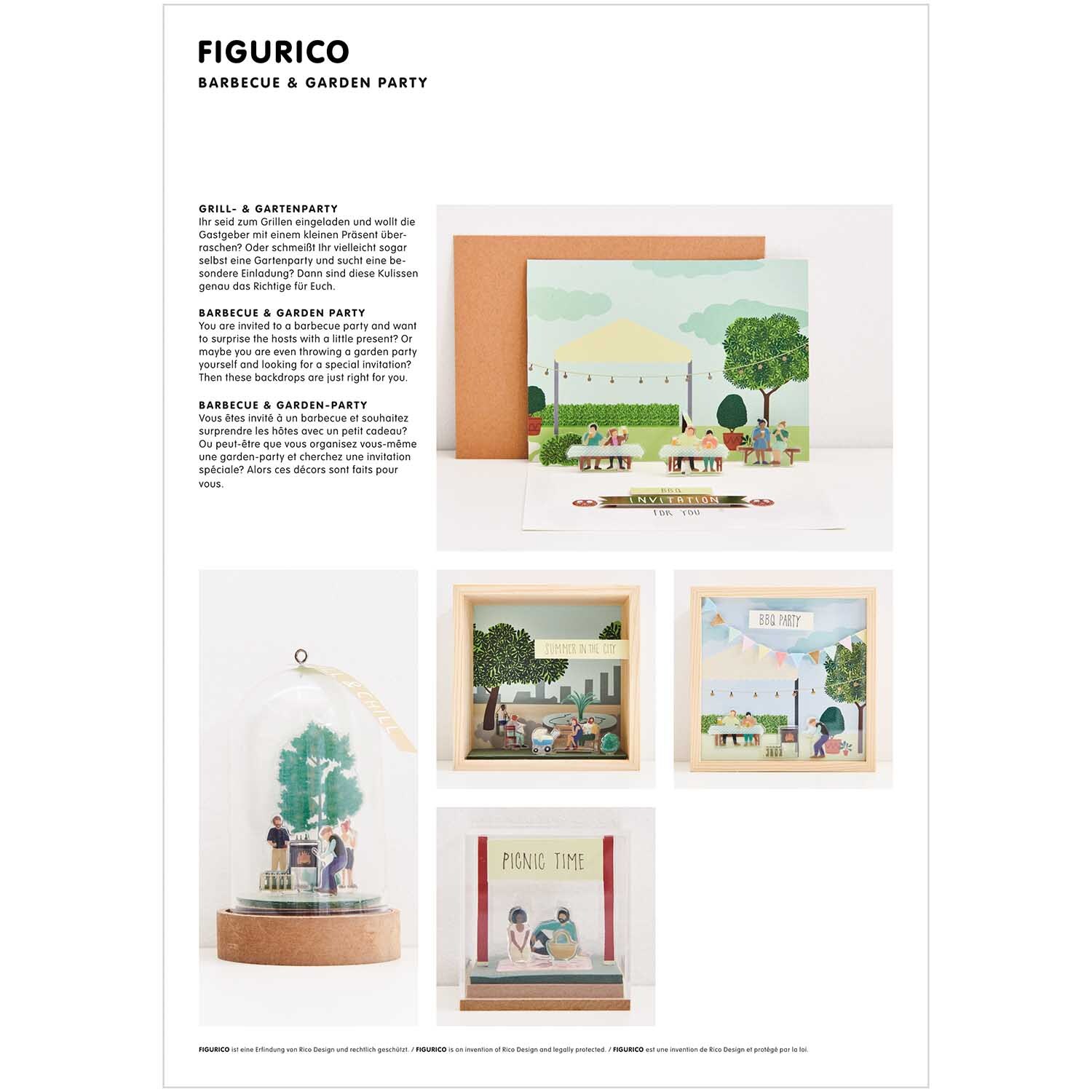 Figurico Papierkulissen Block DIN A4 zeigt bunte Gartenparty-Szenen mit Bäumen und Figuren. Ideal für kreative Bastelprojekte von Rico Design.