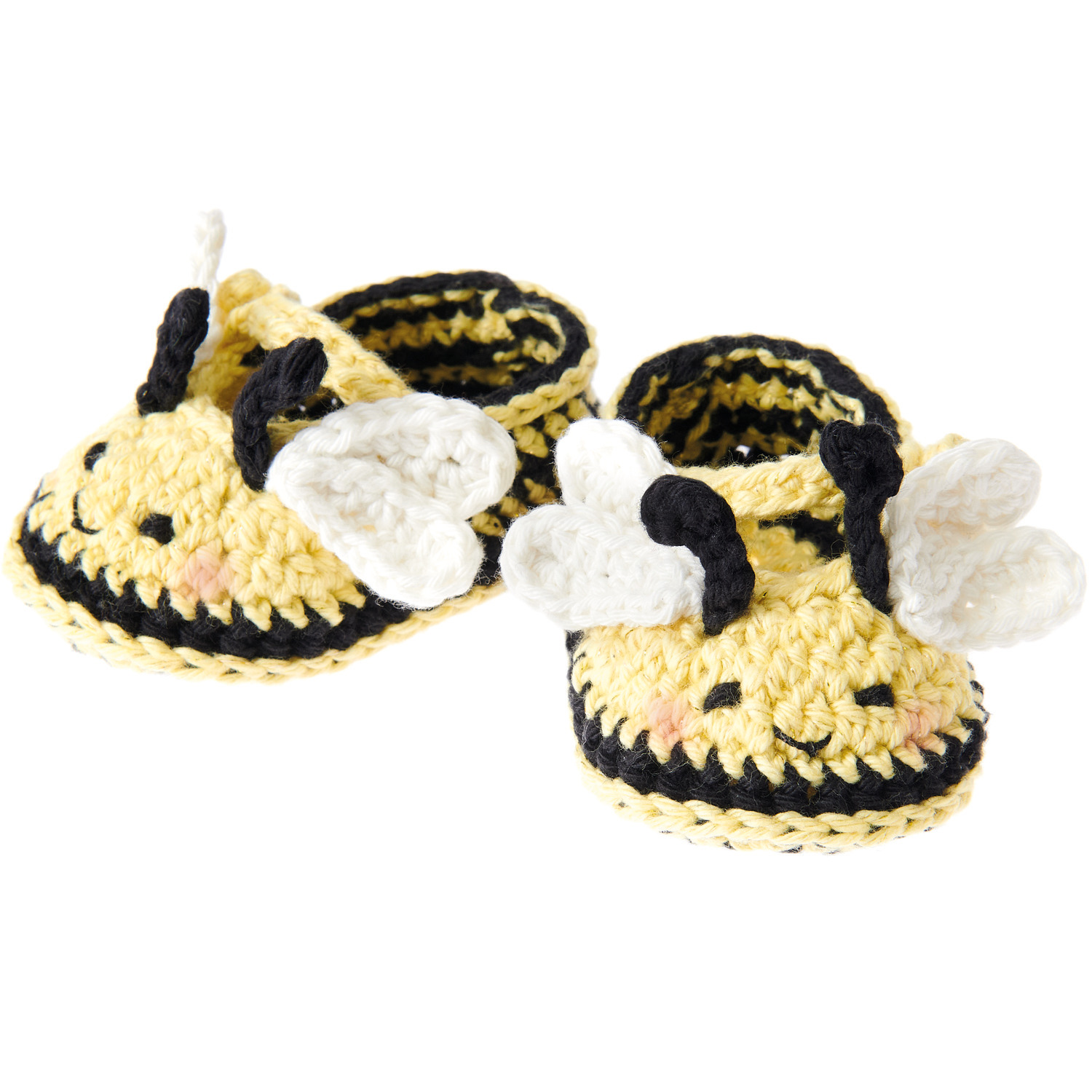 Ricorumi Häkelset Baby Booties Biene: Gelbe und schwarze gehäkelte Babyschuhe in Bienenform mit Flügeln.