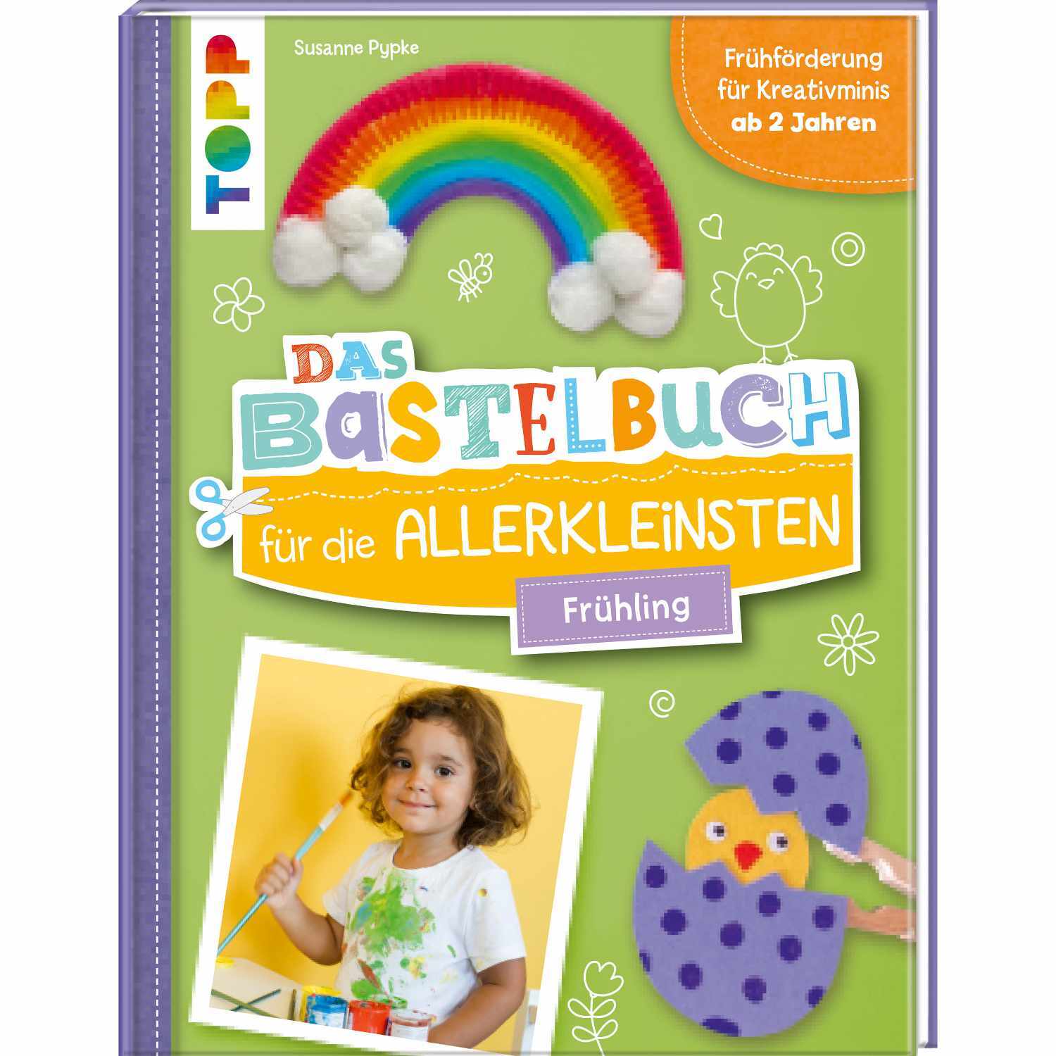 Das Bastelbuch für die Allerkleinsten: Frühling zeigt ein Kind beim Malen und bunte Bastelprojekte. Marke: TOPP.
