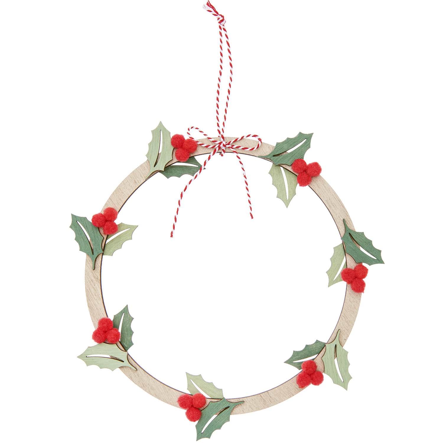 Holzkranz Ilex mit Pompons, dekorativer Kranz aus Holz mit grünen Blättern und roten Pompons, ideal für festliche Dekorationen.