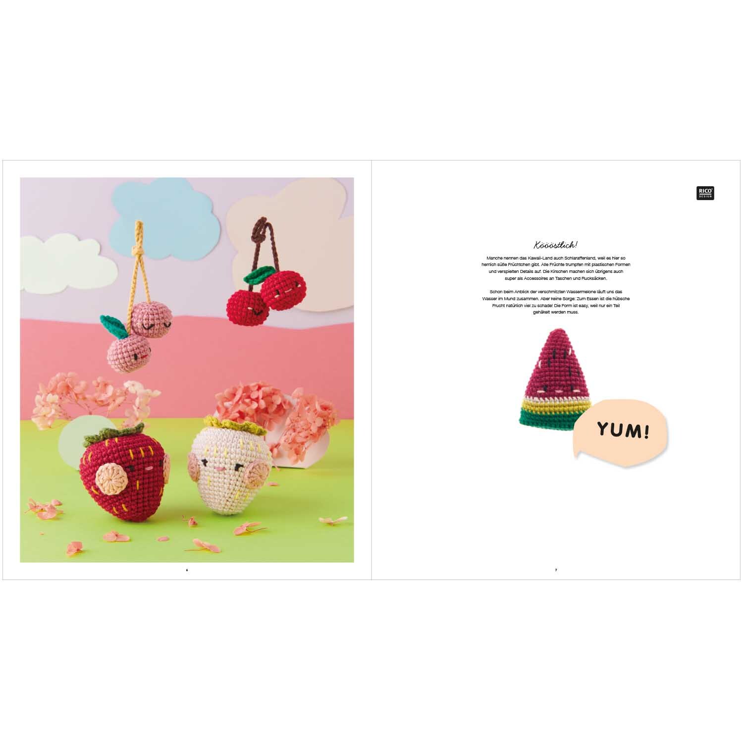 Ricorumi Cute, Cuter, Kawaii deutsch: Gehäkelte Früchte in leuchtenden Farben auf grünem Hintergrund.