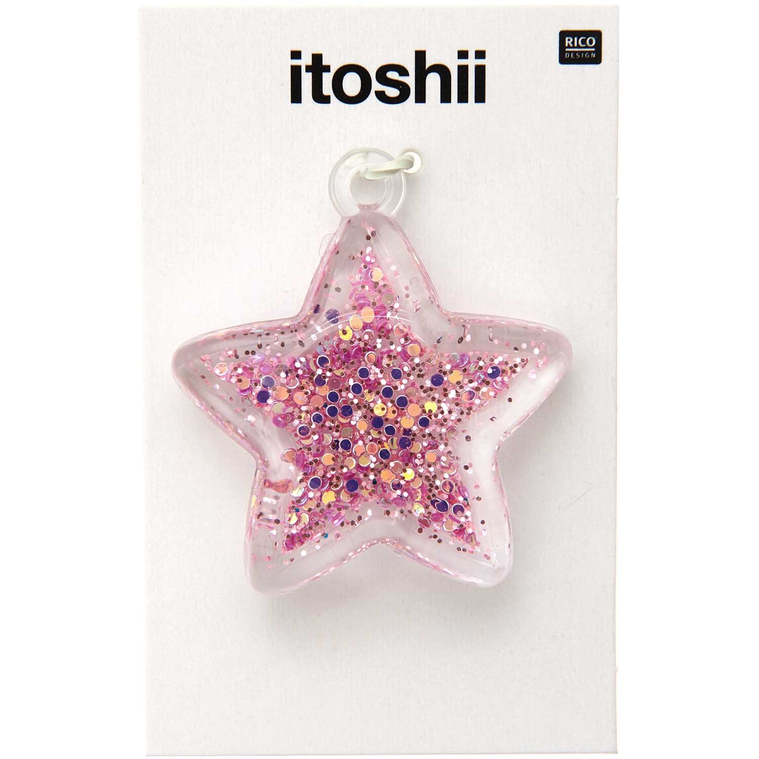 itoshii Stern Anhänger mit Strass gefüllt, rosa, von Rico Design, auf weißem Hintergrund.