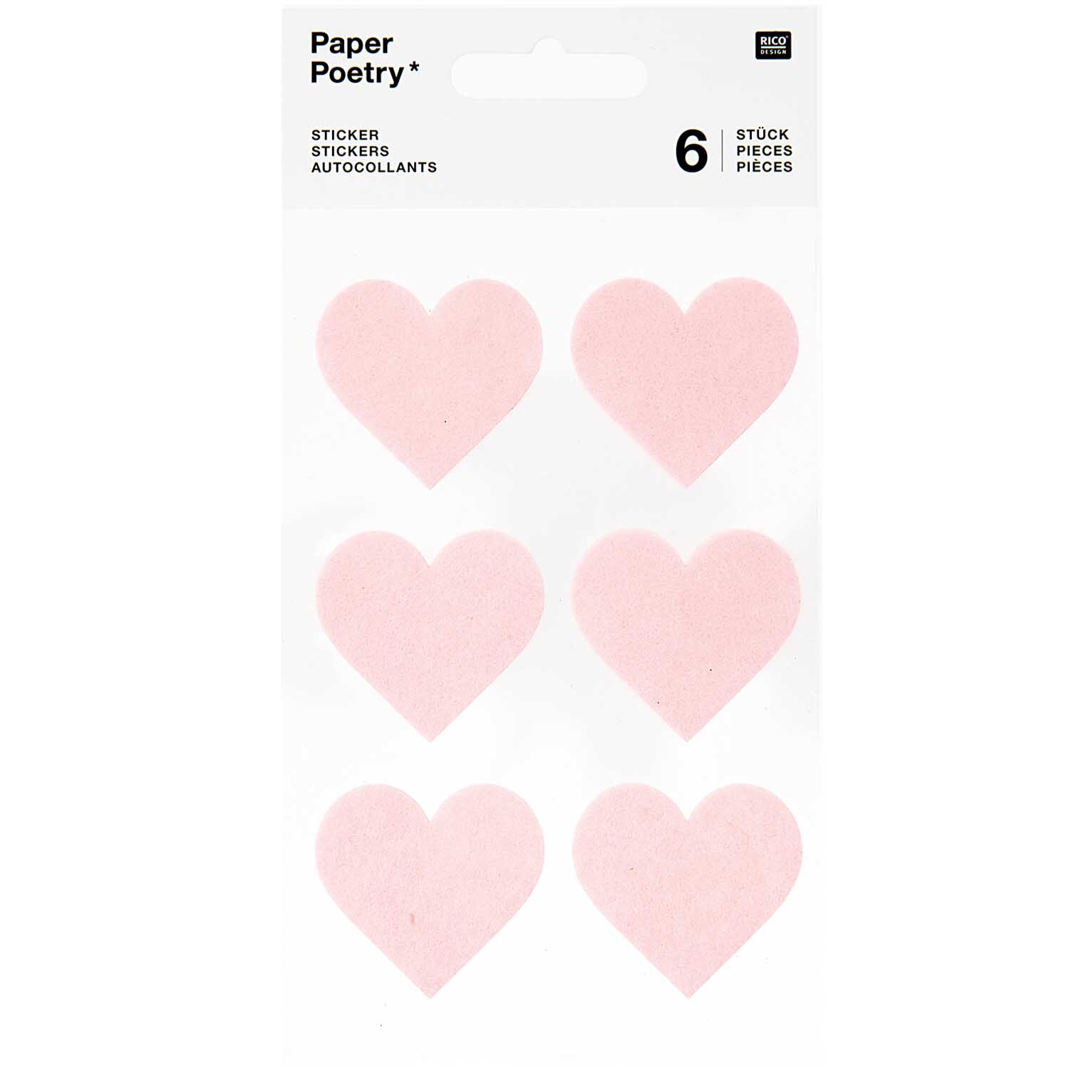 Paper Poetry Filzsticker Herzen groß: Sechs rosa Herzsticker auf einem Blatt von Rico Design. Ideal für kreative Projekte.