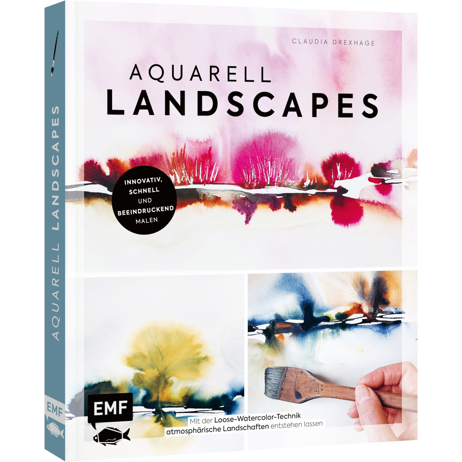 Aquarell Landscapes: Buchcover mit farbenfrohen Aquarellbildern und Pinsel, Marke EMF.