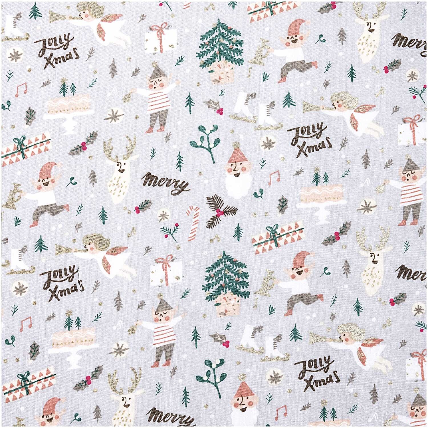 Druckstoff Elfen grau-gold-neon 50x140cm mit weihnachtlichen Motiven wie Elfen, Geschenken und Bäumen auf hellem Hintergrund. Marke: Rico Design.