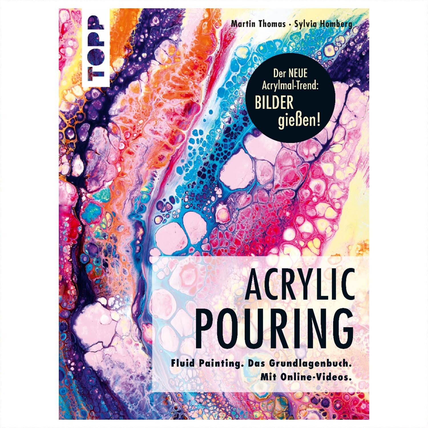 Acrylic Pouring: Buntes Buchcover mit abstrakter Kunst in lebhaften Farben, Marke TOPP.