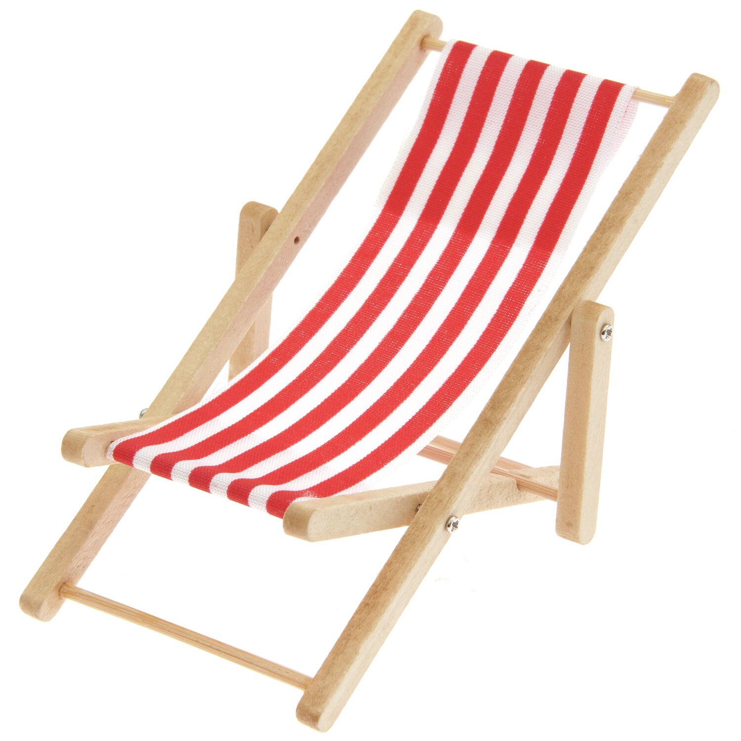 Miniatur Strandliege gestreift von Rico Design in Rot-Weiß, 6,5x11cm, aus Holz mit Stoffbezug.