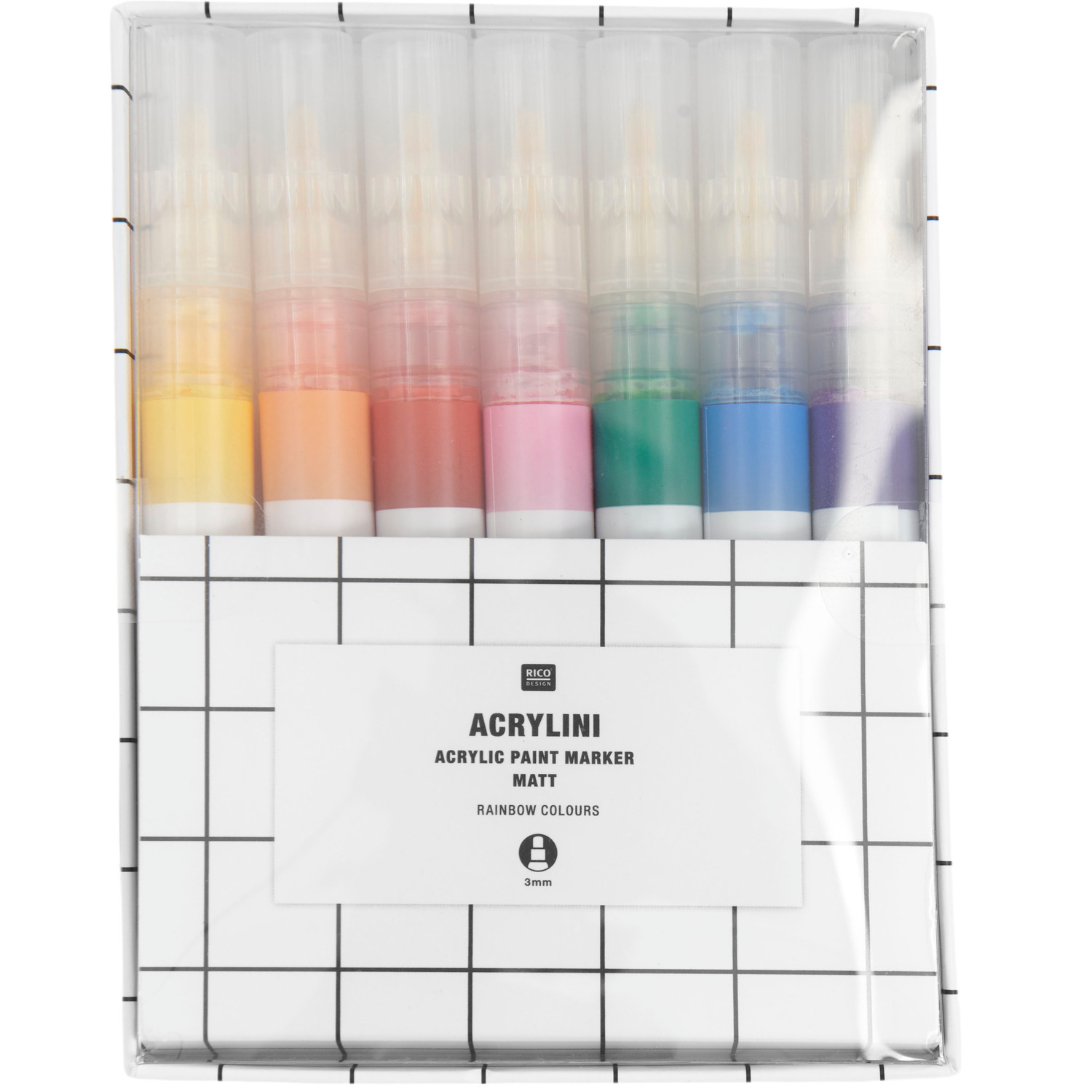 Acrylini Marker Set Rainbow Colours, 3mm, 7 Farben. Mattes Design, ideal für kreative Projekte.