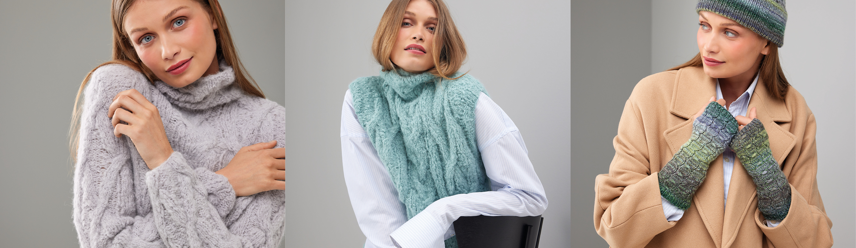 Drei Bilder nebeneinander. Eine Frau trägt einen Strickpullover mit Zopfmuster, eine Frau trägt gestrickten Pullunder mit Zopfmuster und eine Frau trägt gestricktes Mützen- und Handschuhset.
