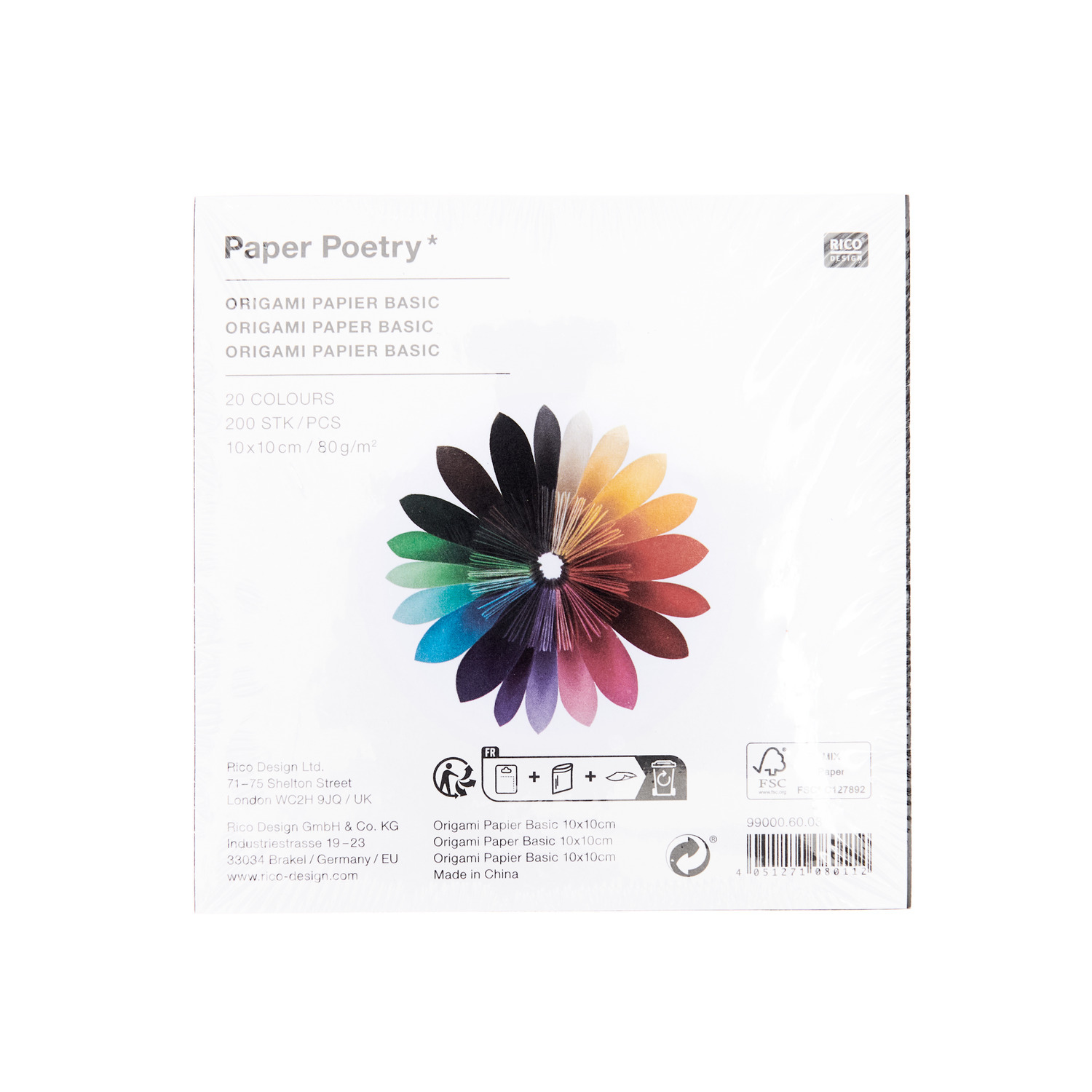 Paper Poetry Origami basic 10x10cm 200 Blatt 20 Farben von Rico Design
