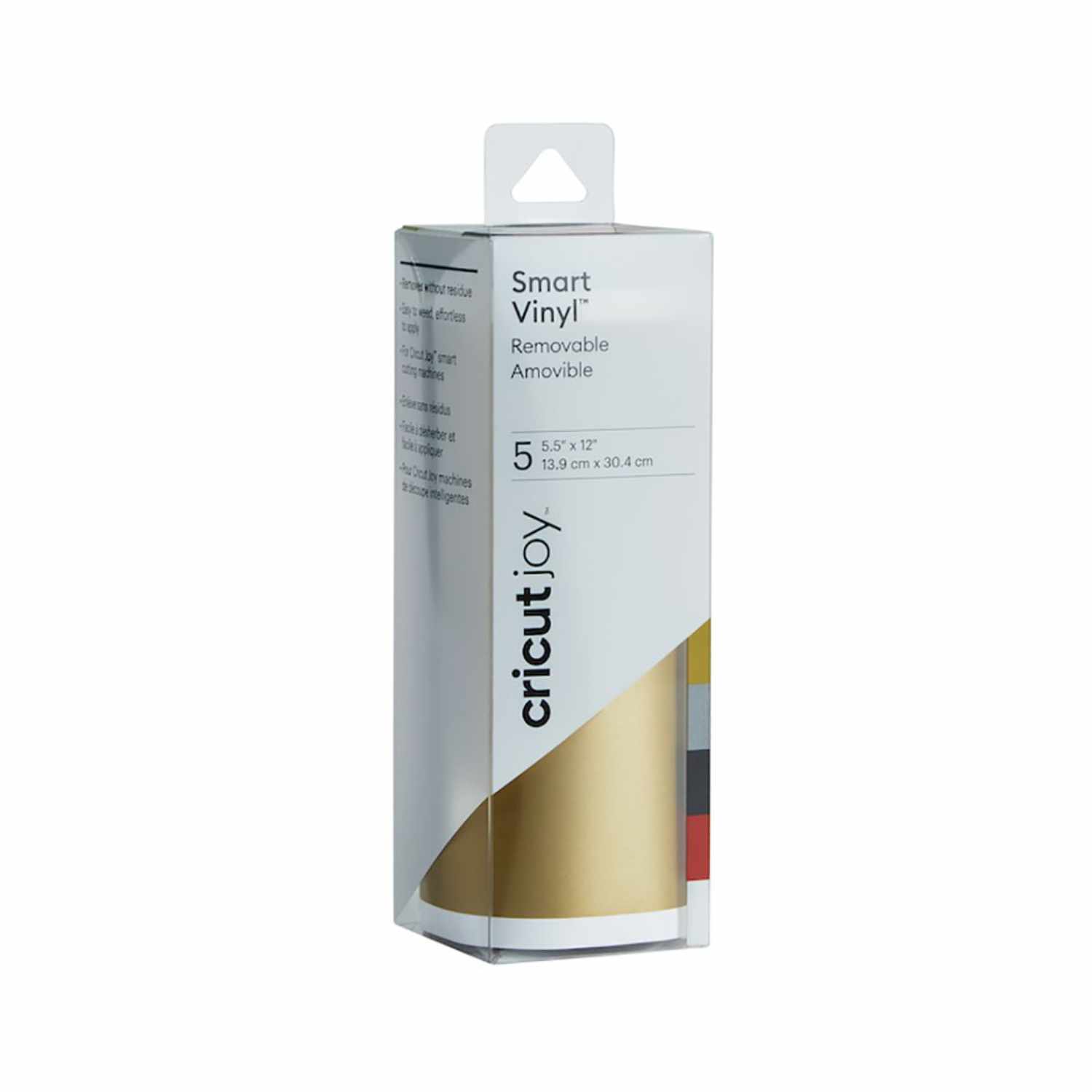 Joy Smart Vinyl Removable Elegance 13,9x30,4cm 5 Stück in einer transparenten Verpackung von Cricut, zeigt goldene und bunte Vinylrollen.