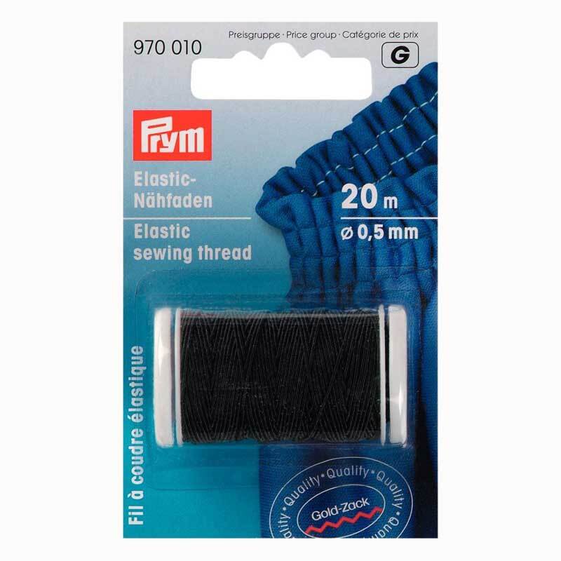 Elastic Nähfaden schwarz 0,5mm 20m von Prym, auf einer Spule in einer blauen Verpackung präsentiert.