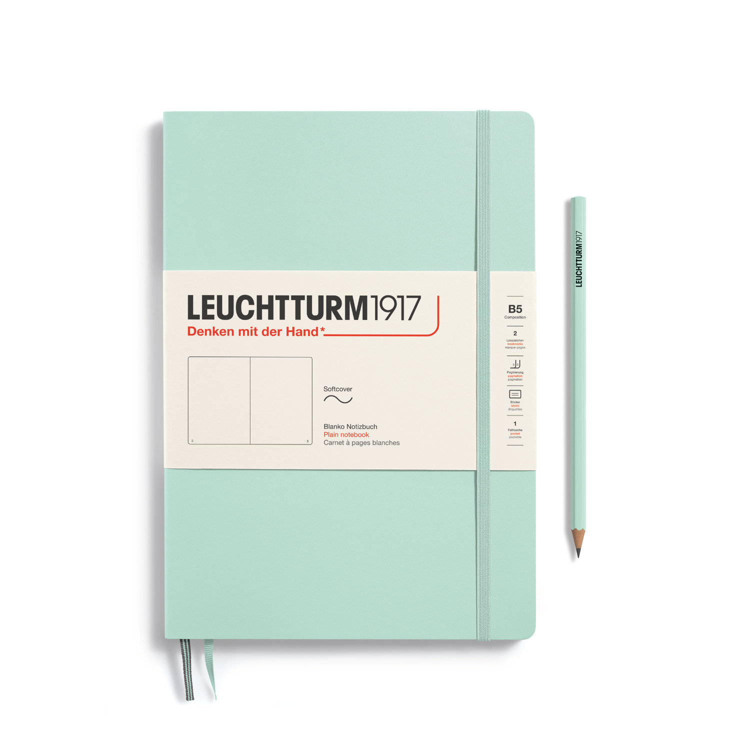 Notizbuch Composition blanko Softcover B5 in Mint Green mit passendem Stift, ideal für kreative Notizen.