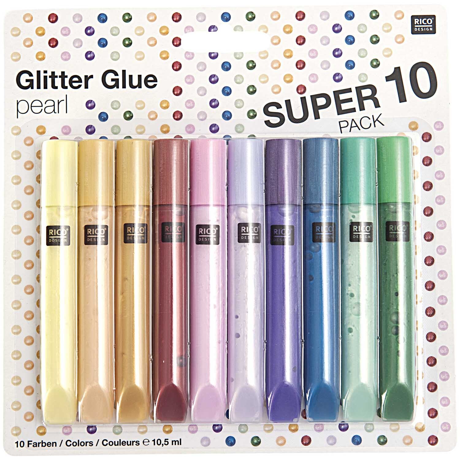 Glitter Glue pearl 10x10,5ml von Rico Design in einer Packung mit zehn bunten Farben, ideal für kreative Bastelprojekte.