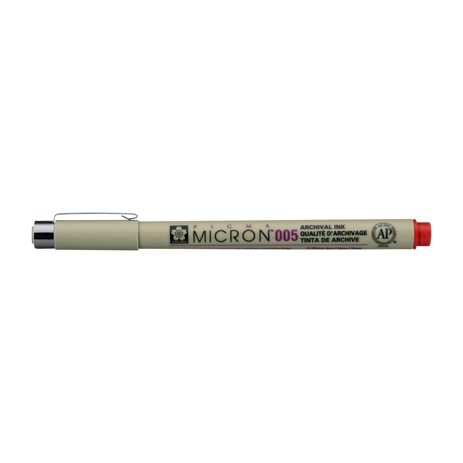 Pigment Liner Sakura mit roter Spitze und 0,20mm Strichstärke, ideal für präzises Zeichnen.