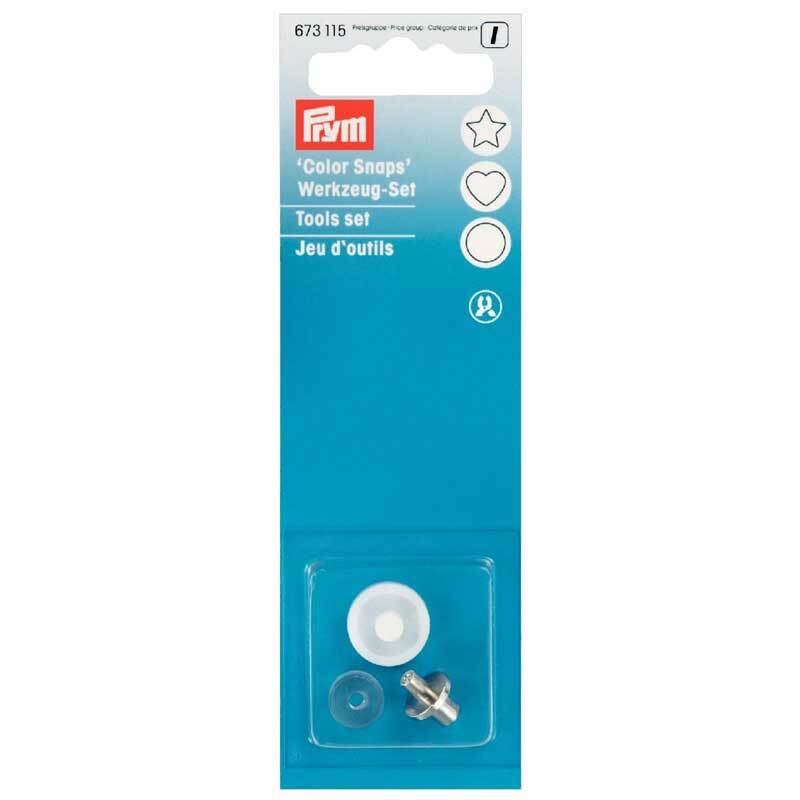 Color Snaps Werkzeug Set für Druckknöpfe von Prym, abgebildet mit mehrfarbigen Druckknopfwerkzeugen in einer blauen Verpackung.