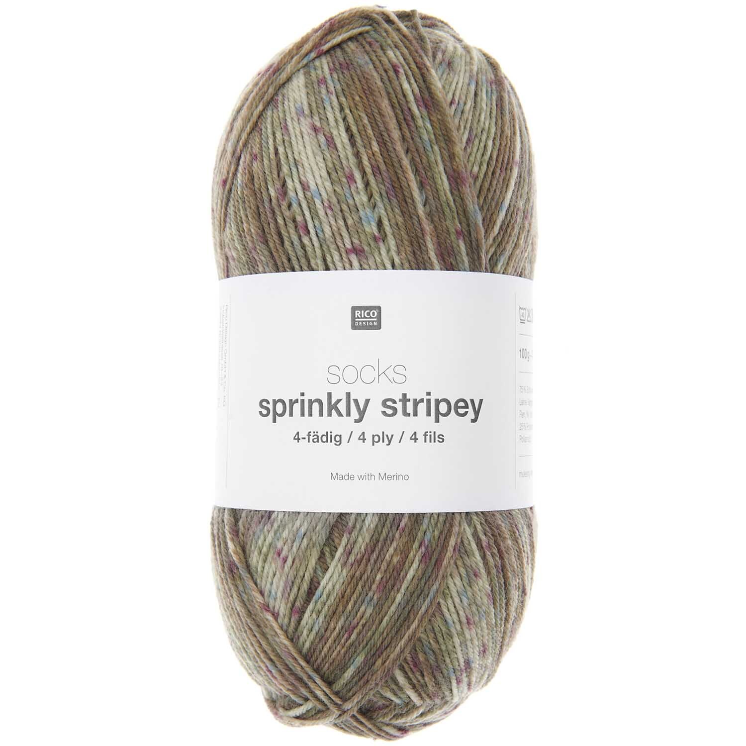 Socks Sprinkly Striply 4-fädig Wolle von Rico Design in Waldtönen, 100g Knäuel, 400m Länge.